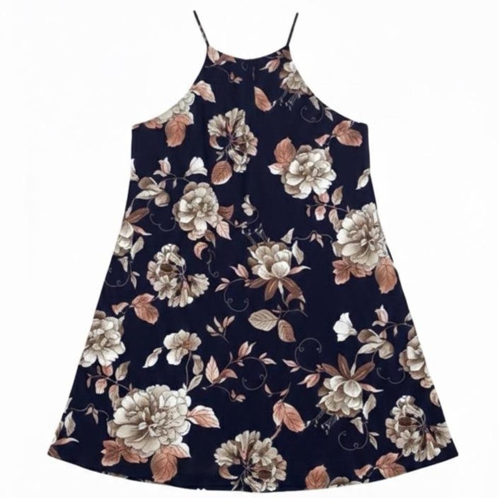 Papaya Navy Blue Floral Halter Mini Dress – White Lace Hem Boho Summer Sundress
